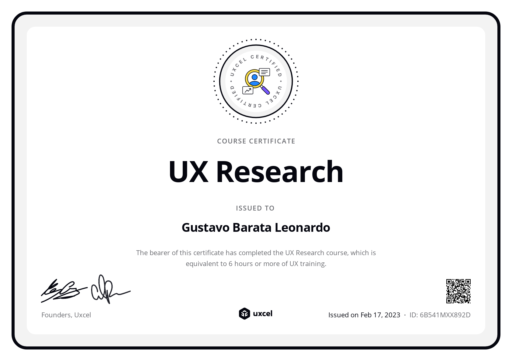 Gustavo Barata Leonardo's certificate